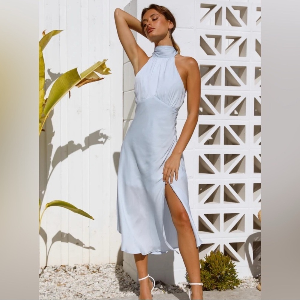 Hello Molly Elegant Halter Neck Light Blue Satin Dress